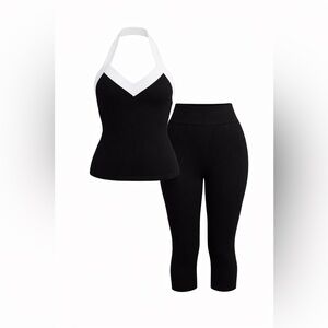 Black and White Ribbed Tank and Capri Leggings Set